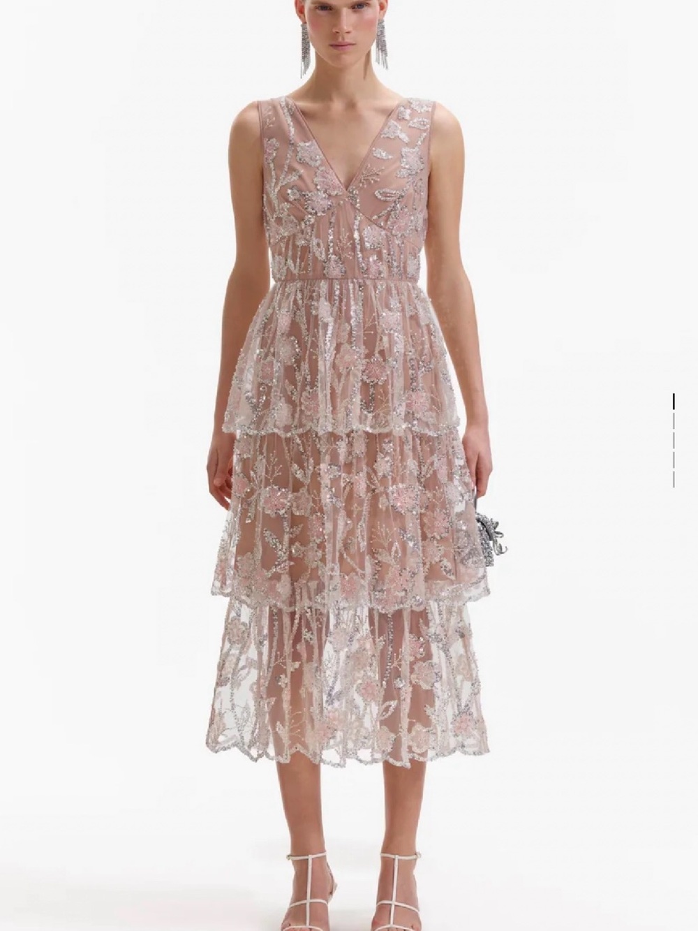 Self-Portrait Blush Pink Tiered Embellished V-Neck Midi Dress